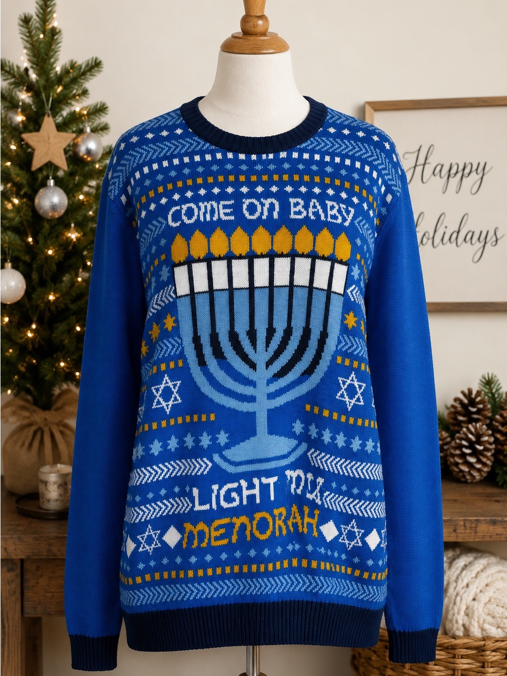 Light Up Hanukkah Ugly Christmas Sweater XL Menorah Holiday Party Blue